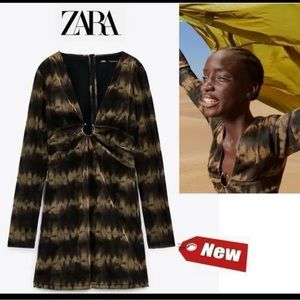 Zara XS long sleeve black & brown tye dye tulle dress